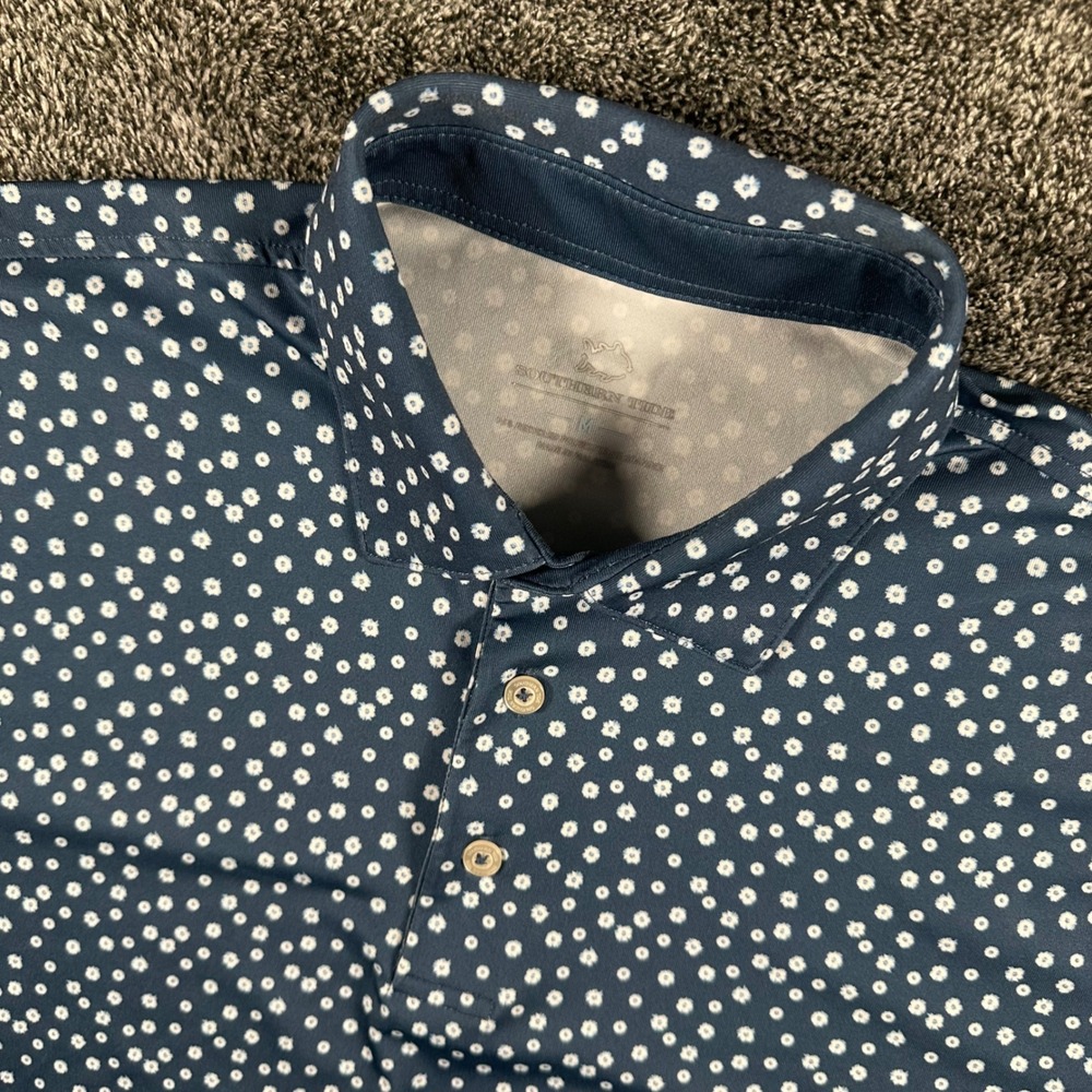 Southern Tide Polo Shirt Mens Medium Short Sleeve Blue Floral Stretch Golf AOP
